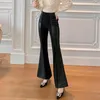 Calças femininas Primavera Mulheres Longo Moda Profissional Estilo Urbano PU Couro Tecido preto Cantura alta Flares Office ROPA MUJER