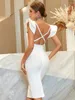 Lässige Kleider Rückenless V Neck sexy Kleid elegante weiße Rüschen Bodycon Fashion Party Vestidos Style gestrickt Slim Ladies Bandage