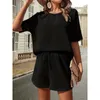 Women's Shorts Two Piece Sets Casual Fashion Suit Summer Crop Top Short Sleeve Women High Waist Wide Leg Streetwear Set