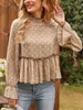 Dames blouses dames s peplum blouse tops puff puff long mouw stippen print ruche zoom schattige casual gesmokte tuniek