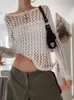 Kvinnors tröjor Weekeep Casual White Sweater Pullovers Hollow Out Fishnet Summer Fashion Loose Smock Long Sleeve Y2K Holes Shirt Women Harajuku 230814