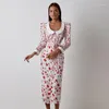 Casual Dresses Cinessd French Style Women's Clothing 2023 Elegant Printed Dress Three-Quarter Sleeve Lapel Split midja monterad