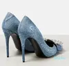 Denim Dress shoes designer womens Luxury Pumps Pointed Rhinestone Decoration Stiletto Heel Sandals Retro Made Old Wash Denim High Heels Dress shoe 35-42