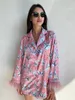 Dames slaapkleding Marthaqiqi Printing Pyjamas Patchwork Feathers Nightie Lange Mouw Turn Down Collar Shorts Femme Pyjama's Pakken