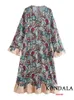 Robes décontractées de base kondala vintage fleur imprimé V cou de coude lâche robe longue femme de pétale à manches de mode robe de mode boho vestidos élégants 230814