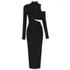 Lässige Kleider Frauen schlanker eleganter Wrap Long Sleeve Hollow Out Sexy High Split Street Party Club mit mittlerem Calf Kleid