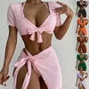 Kvinnors badkläder Kvinnors 4 -bitar Rib Knit Triangle Halter Swimsuit Knot Front Bikini Set Cute Bathing Suit With Cover Up