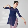 Stage Wear Adult Stretch Mesh Semi Transparent Belly Dance Split Long Blouse Top Costume For Women Dancing Clothes Dancer Clothing