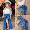 Kläder sätter nyfödd tjej barn spetsar off-shoulder t-shirt topp + denim ruffles fishtail pants bowknot klänning party kläder kläder