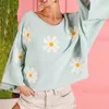 Women's Sweaters Leisure Losse V-hals pullover Flare Sleeve Flower 3D Borduurwerk Temperament 2023 Herfst/wintertrui Top