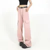 Women's Jeans Women Pink Vintage High Waisted Y2K Bottoms American Wide Leg Pants Fashion Straight Summer Female White Denim Trouser