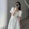 Casual Dresses Vintage Elegant Midi Dress for Women 2023 Summer Pecked Square Collar Female Ball Gown Puff Sude A- Line