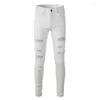 Jeans masculinos High Street White Fashion Hole Patch Elastic Slim Fit Pleated Skinny AM Marca Denim Qualidade