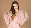 Pink Tulle Meerjungfrau Abendkleider elegant gegen Nackenabschlusskleid Illusion Tiere Rüschen Knöchellänge formelle Partykleider