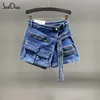 Dames shorts SOEFDIOO Solid Cargo Pocket Denim jeans shorts vrouwen sexy hoge taille stretch zomer casual vrouwelijke bodems korte broek 230814