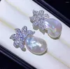 Stud Earrings Baroque Natural Fresh Water Pearl Earring Big 925 Sterling Silver With Cubic Zircon Flower Fine Women Jewelry