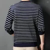 Herrenpullover Männer lässig gestreift Pullover Marine Blue White Red Ripple Manschette Strickwege Männlich gemütliches Pull Top Round Collar Long Jersey 2023