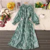 Casual Dresses 2023 Spring Autumn Women A Line Large Hem Chiffon Dress Elegant Tie Bow Print Ladies Puff Sleeve Long Holiday Vestidos