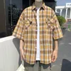 Men's Casual Shirts Summer Cotton Short Sleeved Shirt Men Fashion Retro Plaid Streetwear Loose Mens Oversized Pocket