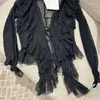 Tricots féminins 2023 Cardigan noir de haute qualité de haute qualité Fashion Fashion Lace-Up Ruffles Flare Long Manche à manches coulissantes Tops Suncreen Tops Runway Vêtements