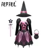 Special Occasions Kid Girls Halloween Witch Costume Sparkly Silver Stars Printed Carnival Cosplay Dress with Pointed Hat Wand Up Clothes 230814