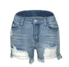 Kvinnors shorts Sexig rippad tofs mager jean med fickor kvinnor hög midja sommar streetwear tvättar orolig blå hål denim