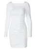 Casual Dresses Ruched Solid Women Long Sleeve Mini Dress BodyCon Sexy Party Elegant Streetwear 2023 Autumn Winter Club White Clothes