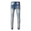 Jeans maschile am Streerwear Skinny Patch Denim Pants Hip Hop Wash Retro Wash Elastic harajuku