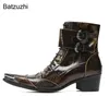 Boots Batzuzhi Italian Type Men s Elegant Bronze Gneuine Leather Ankle Men Metal Toe Lace up Zip Motorcycle 230814