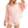 Women's Sweaters Leisure Losse V-hals pullover Flare Sleeve Flower 3D Borduurwerk Temperament 2023 Herfst/wintertrui Top
