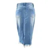 Kjolar denim för kvinnor med fickor hem stretch midja tvättade smala casual långblå jean stickad kjol