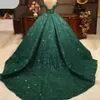 Arabic Muslim Green Sequins Beading evening Dress Off Shoulder Lace applique prom Party Gowns Sweep Train corset back robes de soiree