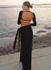 Casual Dresses Women Autumn Winter Solid Maxi Long Dress Elegant Fashion Office Lady Pullover Sleeve Bodycon Slim Split 2023