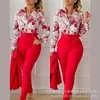 Kvinnors tvåbitar byxor Elegant långärmad skjorta Set Office Lady V Neck Floral Print Small Foot Trousers Suit Belt Women Outfit Slim