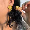 Handmade Crystal Pearl Long Tassel Dangle Earrings Vintage Fairy Flower Fabric Bohemian Jewelry Accessories for Women Statement