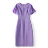 2023 Summer PurpleSolid Color Dress Short Sleeve Round Neck Knee-Length Casual Dresses W3L043301