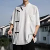 Men's Casual Shirts Japanese Half-sleeved Ice Silk Shirt Chinese Color Blocking Round Plate Buckle Tops Fashion Trend Clothing
