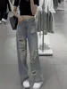 Dames jeans 2023 zomer hoge taille gescheurde diamant flash rechte brede been dweilbroek casual