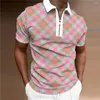 Men's Polos Mens Polo Shir Bright Color Reflective Clothing Print Street Daily Short Sleeve Zipper Man Fashion Casual Breathable Comfortable