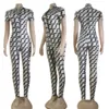 Zipper Tight Jumpsuits Rompers Women Fashion Print Slim Long Playsuits Clubwear Free Ship