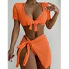 Kvinnors badkläder Kvinnors 4 -bitar Rib Knit Triangle Halter Swimsuit Knot Front Bikini Set Cute Bathing Suit With Cover Up