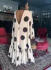 Casual jurken maxi losse polka dot geprinte jurk voor vrouw u nek lange mouw backless ruches patchwork abrikoos Afrikaanse vrouwelijke jurk