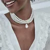 Länk armband mode flerskikt vit imitation pärla choker med metall skivfixering bred haklapp halsband smycken för charm kvinnor