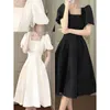 Casual Dresses Vintage Elegant Midi Dress for Women 2023 Summer Pecked Square Collar Female Ball Gown Puff Sude A- Line
