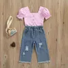 Conjuntos de roupas 2pcs criança bebê menina verão conjunto de manga curta listrado camisa rosa calças jeans 1-6years