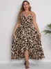 Plus Size Dresses Leopard For Women Spaghetti Strap V Neck High Waist Sleeveless Irregular Ankle-Length Sexy Evening Party Gowns