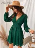 Miss Petal Plunge A-Line Mini Dress Woman Green Sexy Long Sleeve Party Dress 2023 Spring Autumn Female Sundition L230814