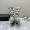 Yunah Boots Luxury Designer Женщины Brytta Boots Fashion Замня кожаная ткань заостренная пальца и лодыжка мягкие ботинки тонкие высокие каблуки Yunah Crystal Boots Размер 35-40