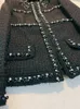 2023 Autumn Black vaste kleur kralen tweed jas lange mouw ronde nek panelen klassieke jassen jassen kort