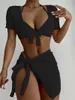 Kvinnors badkläder Kvinnors 4 -bitar Rib Knit Triangle Halter Swimsuit Knot Front Bikini Set Cute Bathing Suit With Cover Up